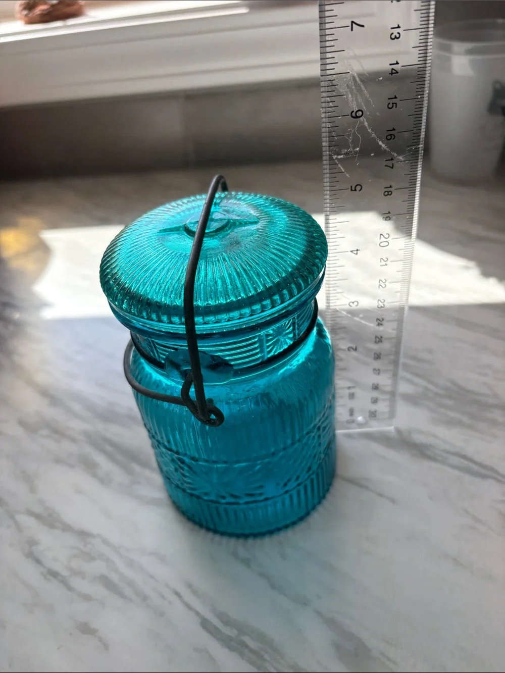 Vintage Avon Decorative Teal Glass Jar with Lid and Handle